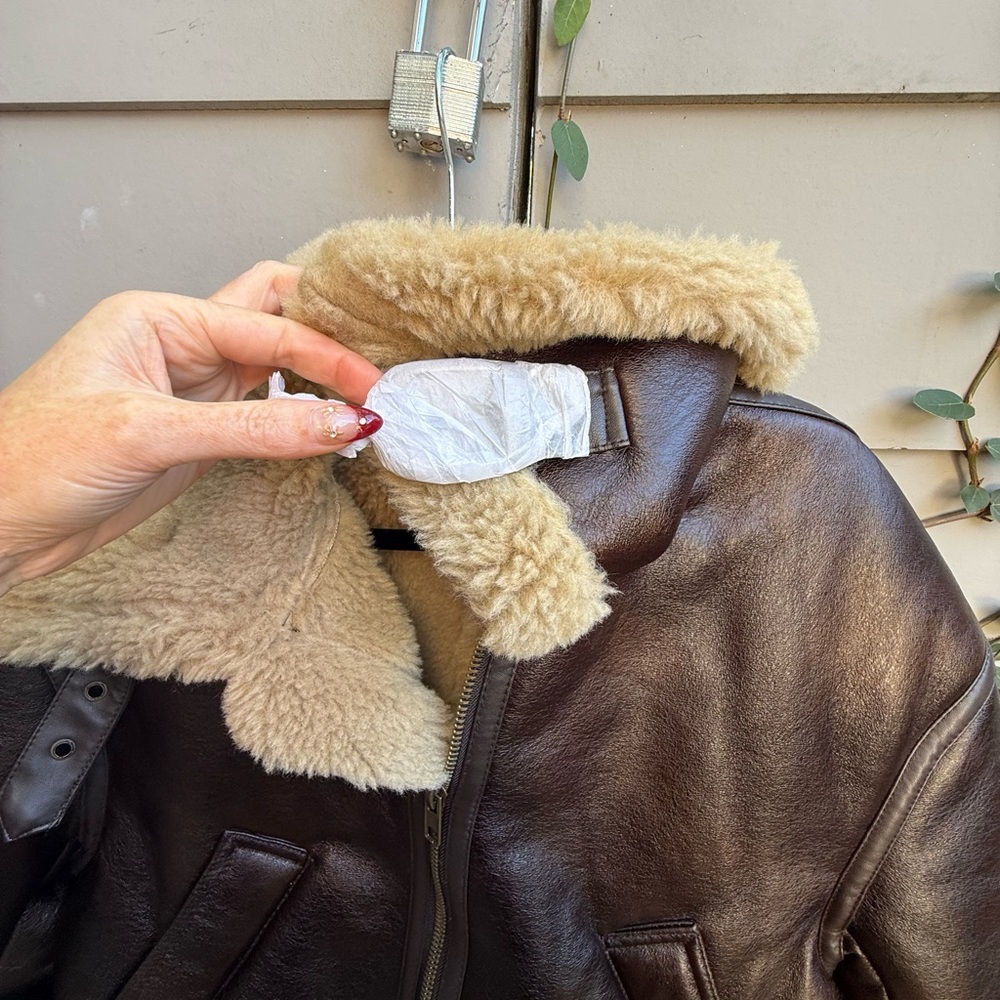 Brown Faux Leather Drop Shoulder Jacket with Cream Shearling - Picture 6 of 6